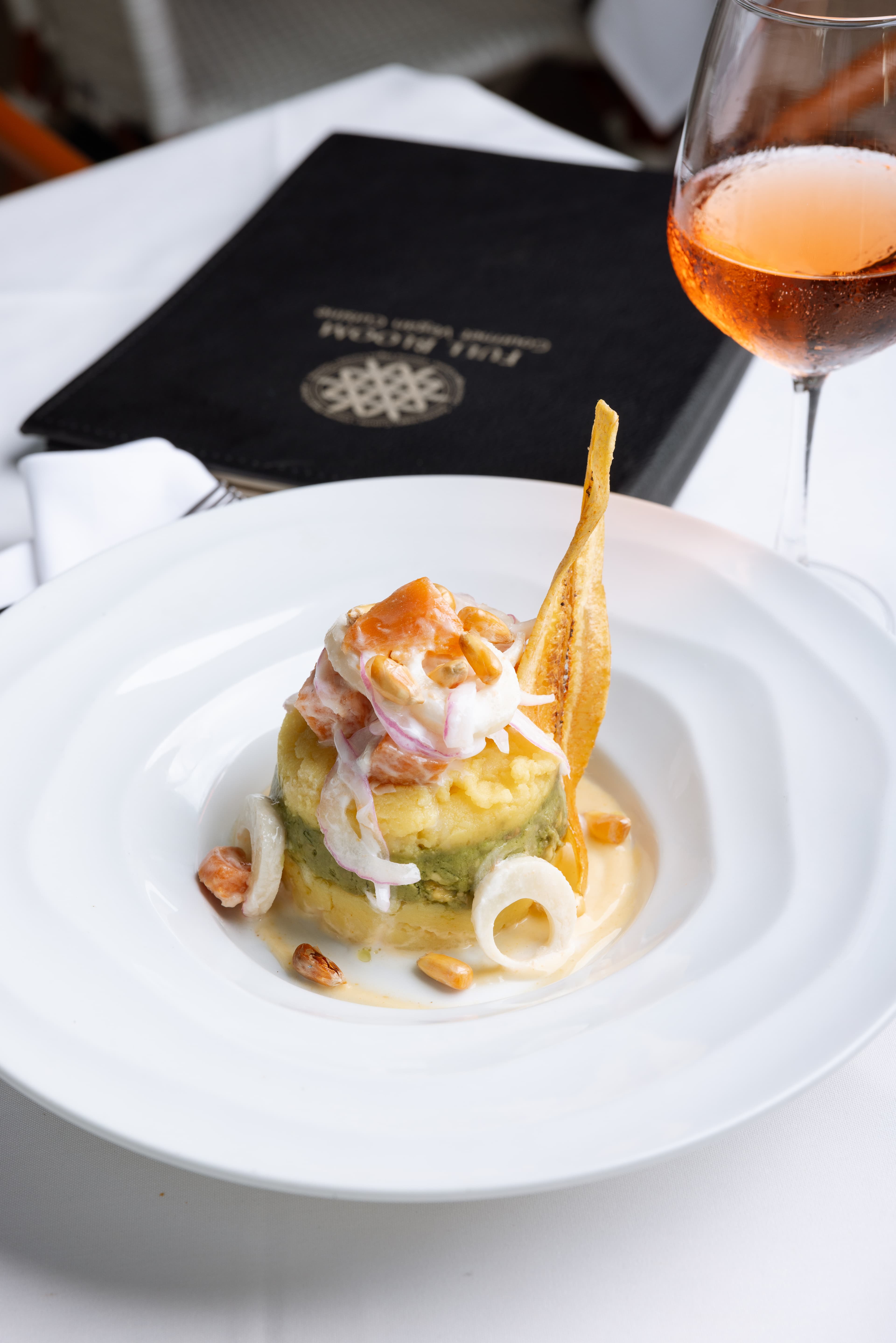 Causa ceviche fine dining plating, Miami restaurant photography