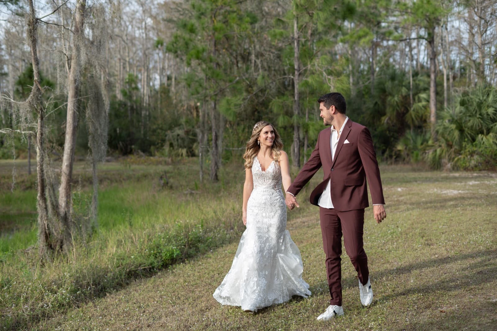 Cypress trees and Spanish moss on the walk down to the pond — Misty Morning Barn wedding venue, Fort Myers, Florida